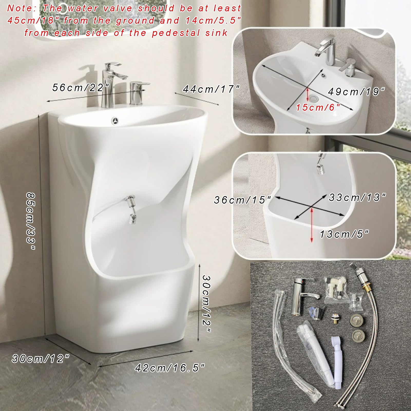 Lavabo in ceramica, lavabo Wudu autoportante con doppi rubinetti e pediluvio per lavare le mani e il viso