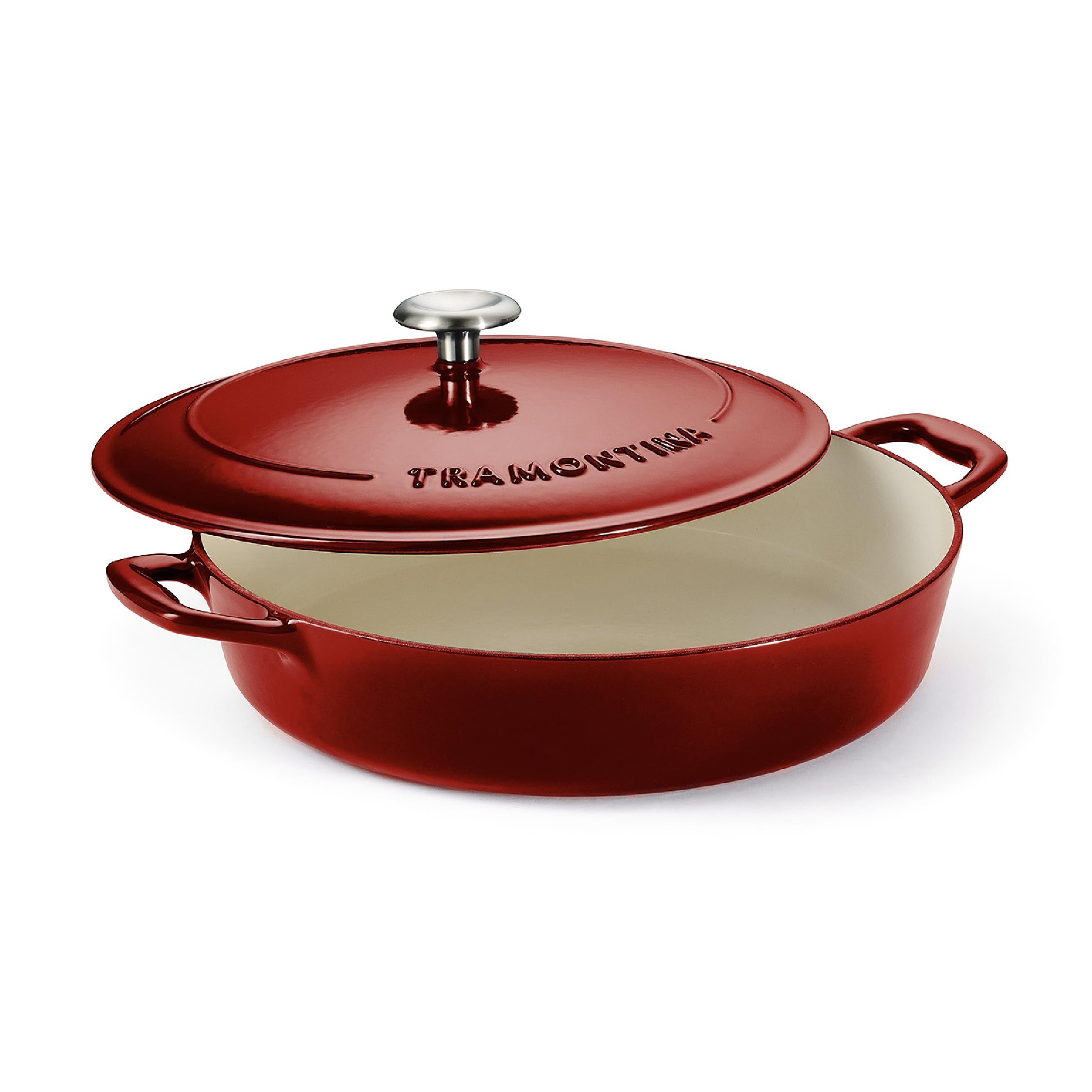 Tramontina Cazuela Baja de Hierro Fundido Esmaltado Rojo con Tapa Bestow 30 cm 3,8L | Cacerola de horno a mesa, ideal para estofados y cocedores poco profundos