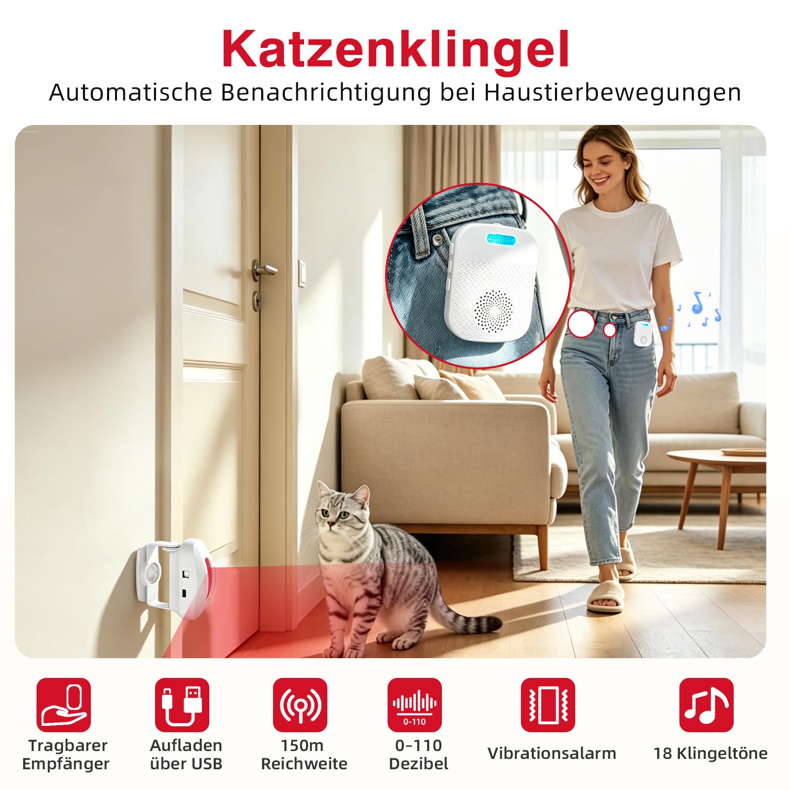 CallToU Timbre de gato con detector de movimiento, portátil, sensor de movimiento, detector de movimiento, alarma para casa, detector de paso para puerta de tienda