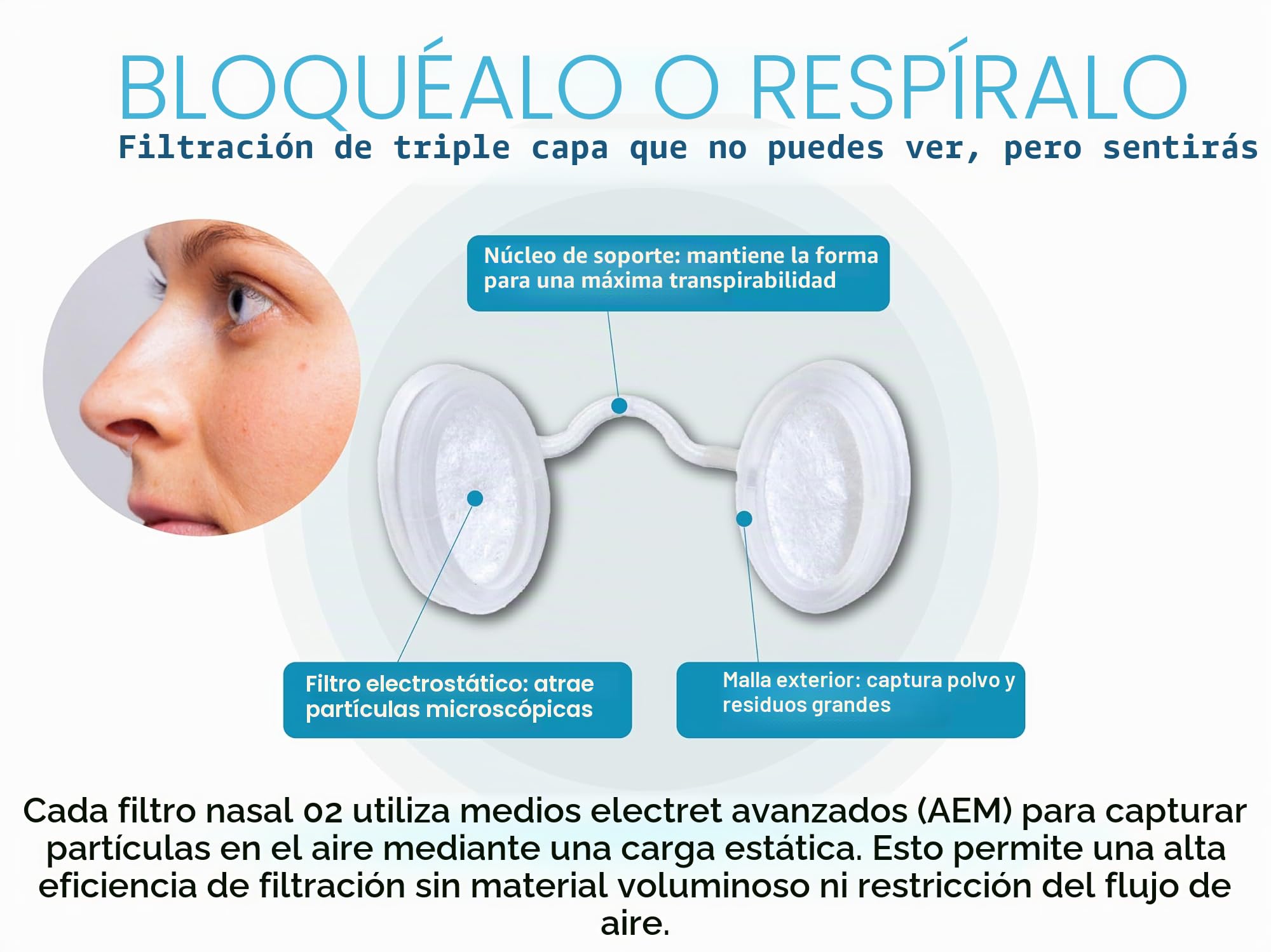 Filtros de nariz O2 con filtración 3M, pantallas nasales para alergias, polvo y humo, filtros de nariz sin medicamentos y sin látex, protección invisible contra alergias (mediano x 10)