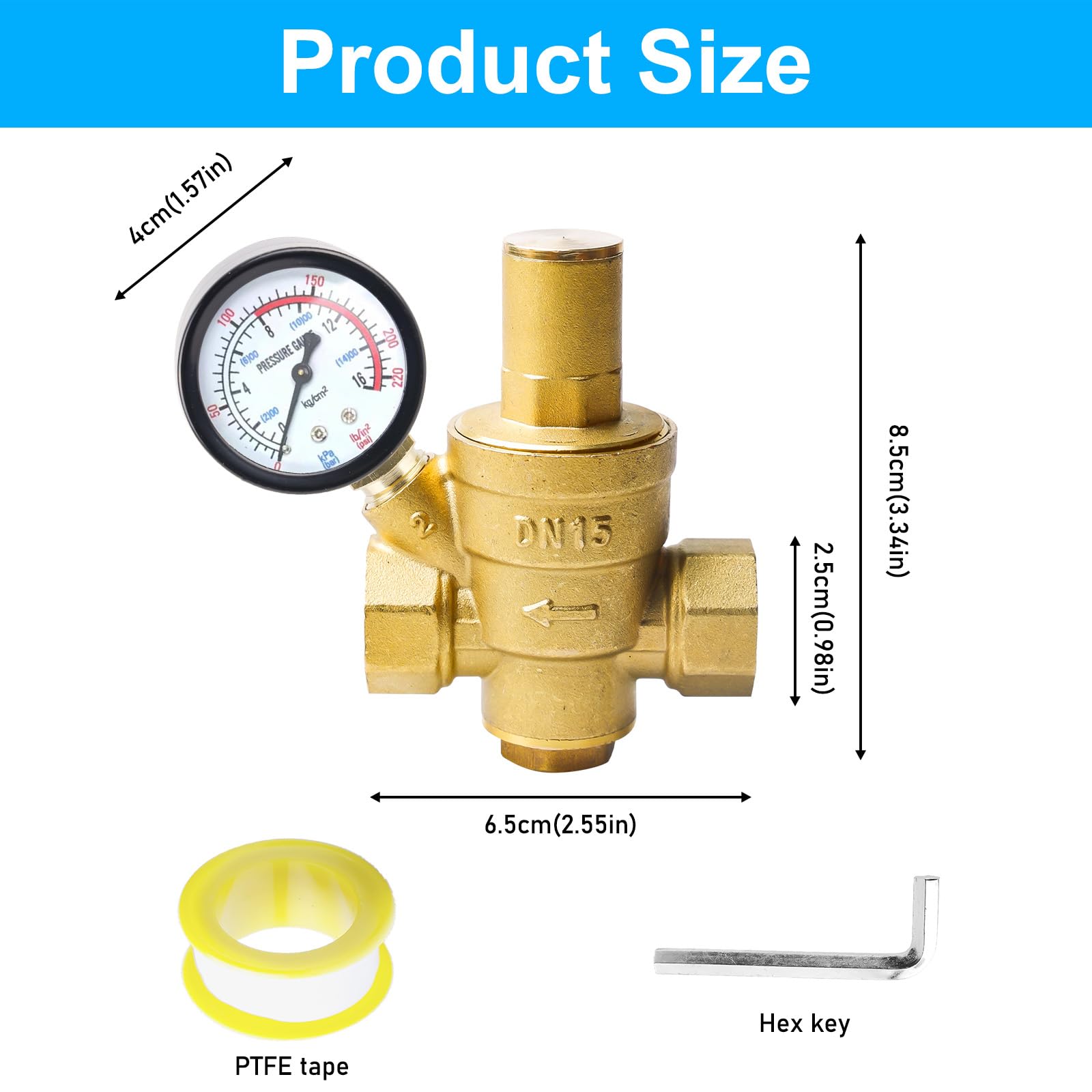 Réducteur De Pression D’Eau 1/2" DN15 Laiton – Avec Manomètre & Soupape Sécurité – Régulateur Pression Eau 1,6 MPa