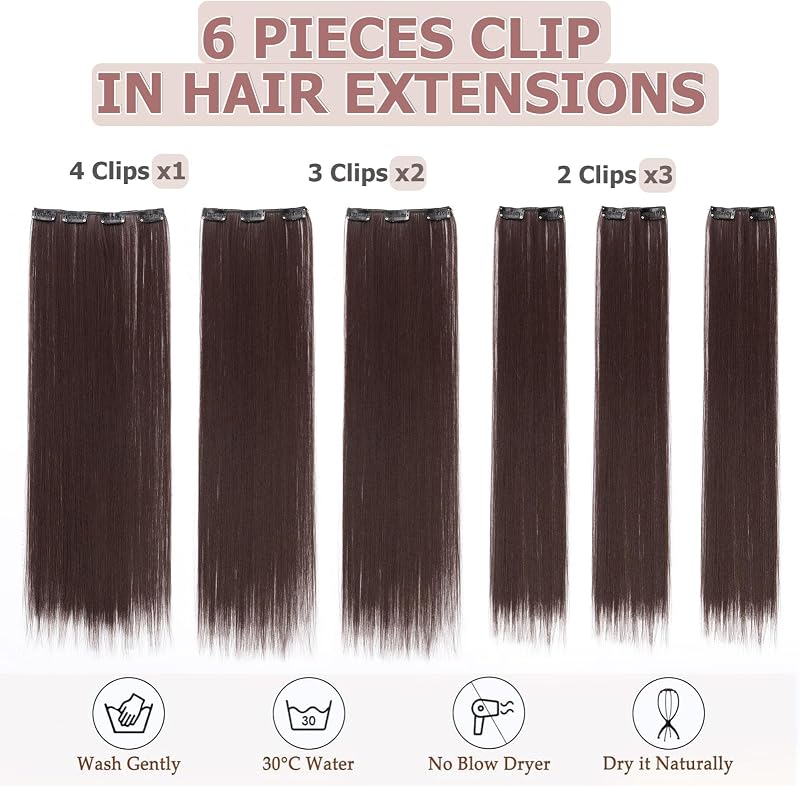Cybelleza Csatos Hajhosszabbítás - 65 cm Egyenes Műhaj Tincsek, 6 Darabos Szett, Középbarna, Hipoallergén Hajdúsító