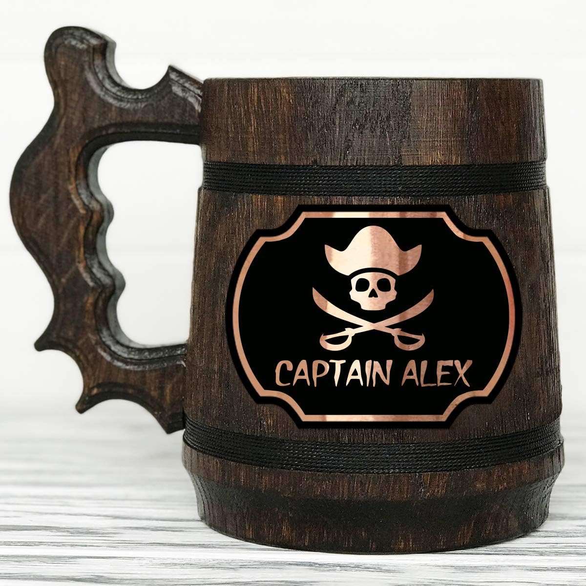 Pirate Skull Wooden Mug, Groomsmen Mug, Inspired Beer Mug. Personalized Gift Mug, Wooden Beer Mug, Beer Tankard. Gift For Him. Personalized Beer Stein #140/0.6L / 22 ounces
