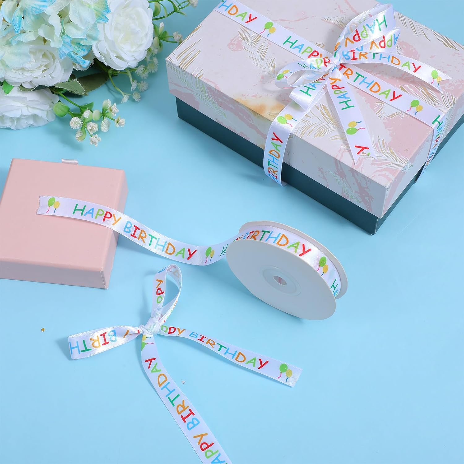 Happy Birthday Ribbon Roll, 75 Ft Gift Wrapping Ribbon Crafts Party Decoration, Colorful Happy Birthday Themed Ribbons for Cake Bouquet Gift Wrapping Bow Making Birthdays Decoration DIY(15 mm x 75 ft) - Image 6
