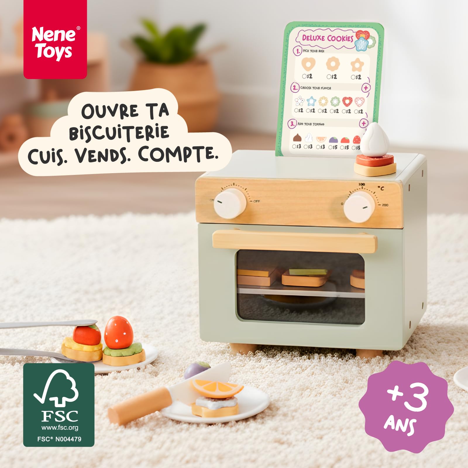 Nene Toys Pâtisserie de Biscuits en Bois pour Enfants dès 3 Ans – Coffret Complet avec Mini Four, Menu, Biscuits & Argent Factice – Jeu d’Imitation Éducatif & Premiers Calculs – Cadeau 3–6 Ans