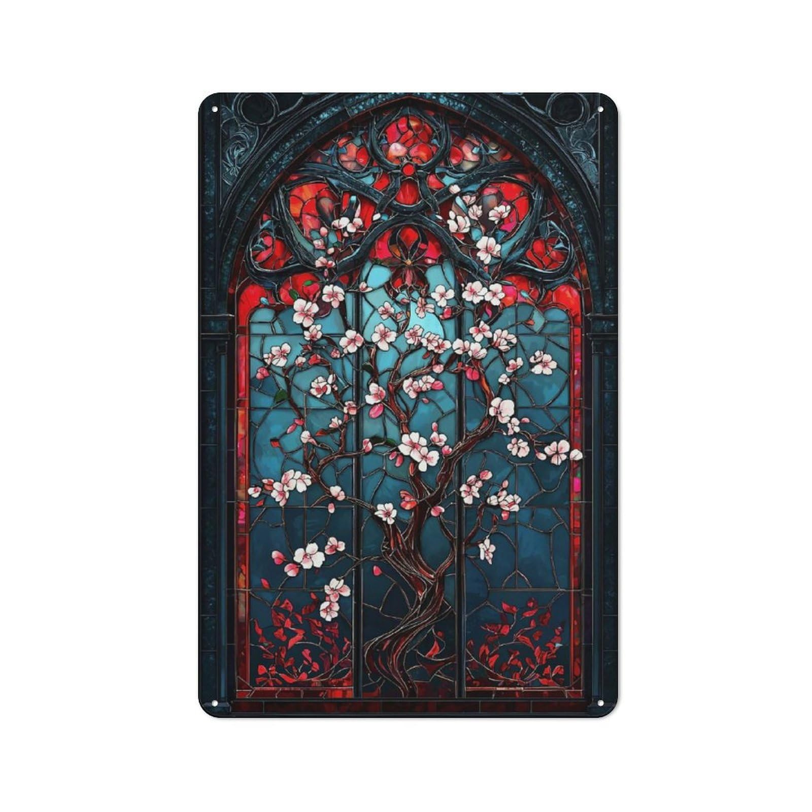 Junmoney Stained Glass Cherry Blossom Industrial Metal Sign 30X20cm, Clean Industrial Loft Wall Plaque For Modern Home, Workshop, Office Or Cafe