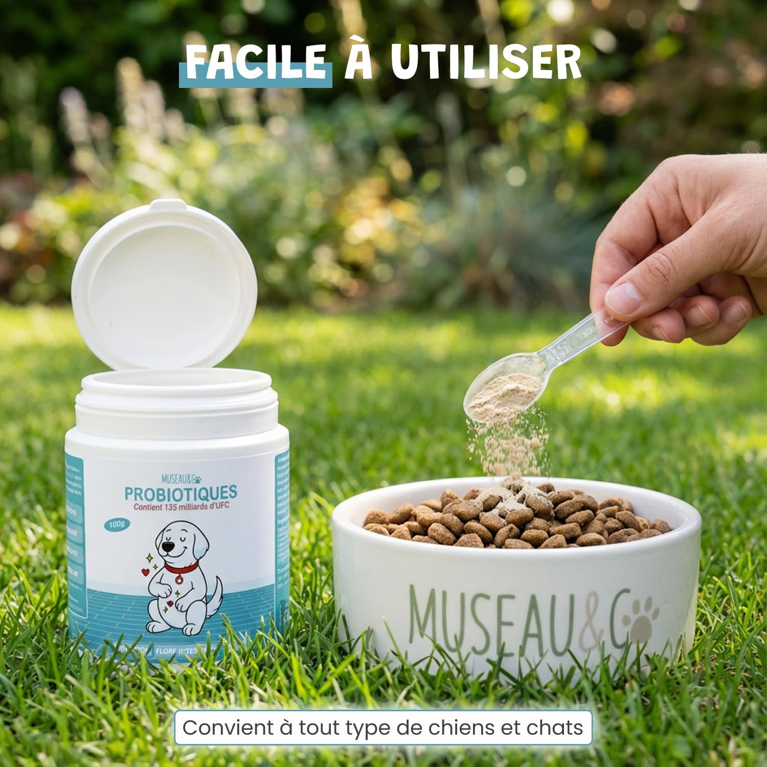 Probiotiques Chien Chat - 135 Milliards UFC - Flore Intestinale Digestion Transit - Lactobacillus Inuline Chicorée - Goût Poulet - 100g - Fabriqué en France - Museau & Co