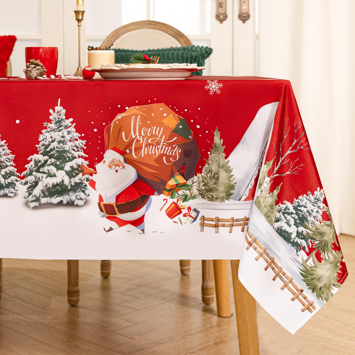 Romanstile Merry Christmas Rectangle Tablecloth, Winter Santa's Gift Xmas Tree Snowflakes TableCloths, Stain Resistant Polyester Decorative Table Covers for Xmas Holiday Dining,Party, 60 x 120 Inch