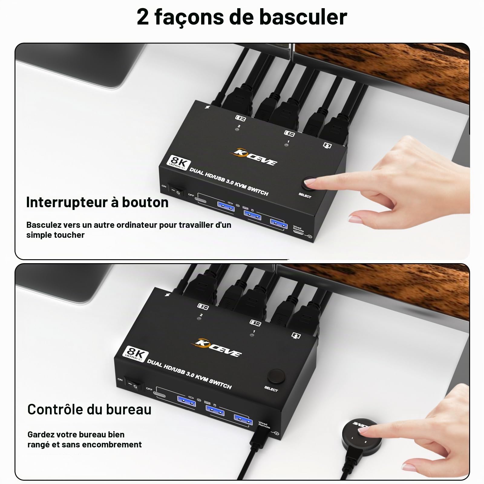Commutateur KVM 2 PC 2 moniteurs 8K @ 60Hz 4K @ 144Hz, commutateur KVM double moniteur HDMI2.1 pour 2 PC Partager 2 moniteurs et 4 appareils USB 3.0 (3USB-A+USB-C), avec bloc d'alimentation 12 V CC +