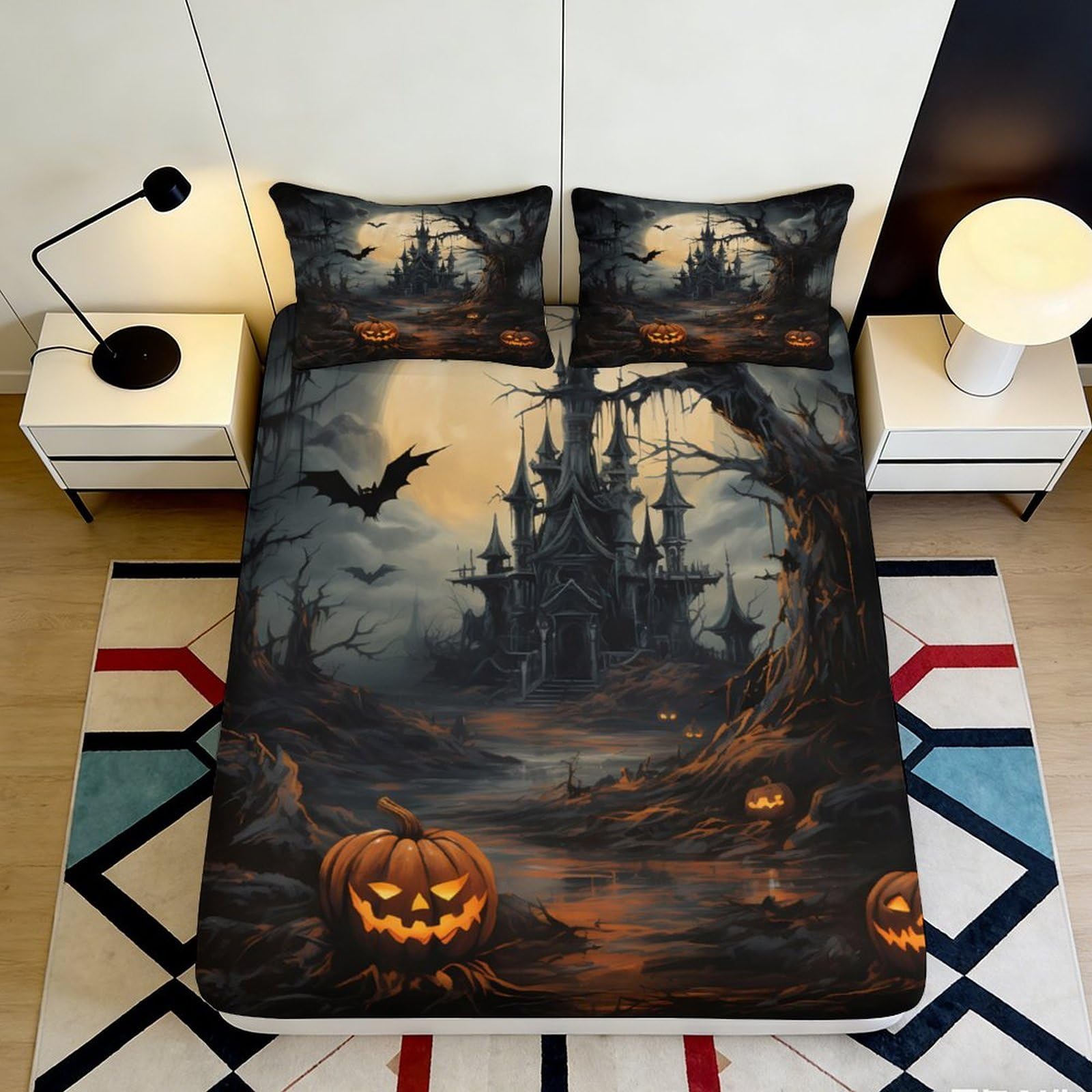3D Printed Haunted Castle Fitted Sheet Microfiber Halloween Pumpkin Bed Sheet for Bedroom Dorm Decorative Mattress Cover 90x200x25cm