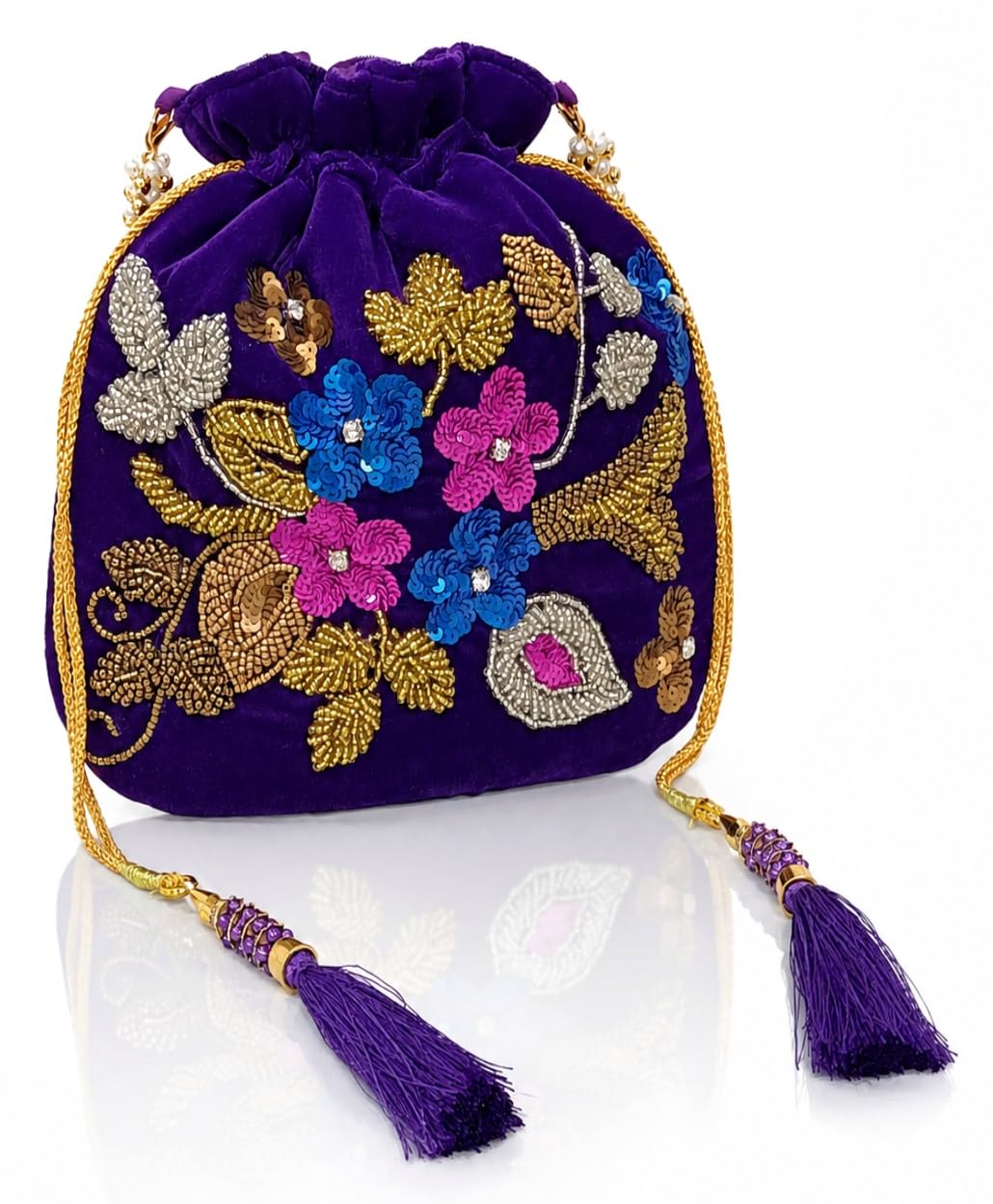 Women's Velvet Potli Bag with Hand-Embroidered Sequin Floral Work | Traditional Ethnic Clutch for Weddings & Bridal Parties | Drawstring Wristlet with Pearl Handle and Tassels-image-30
