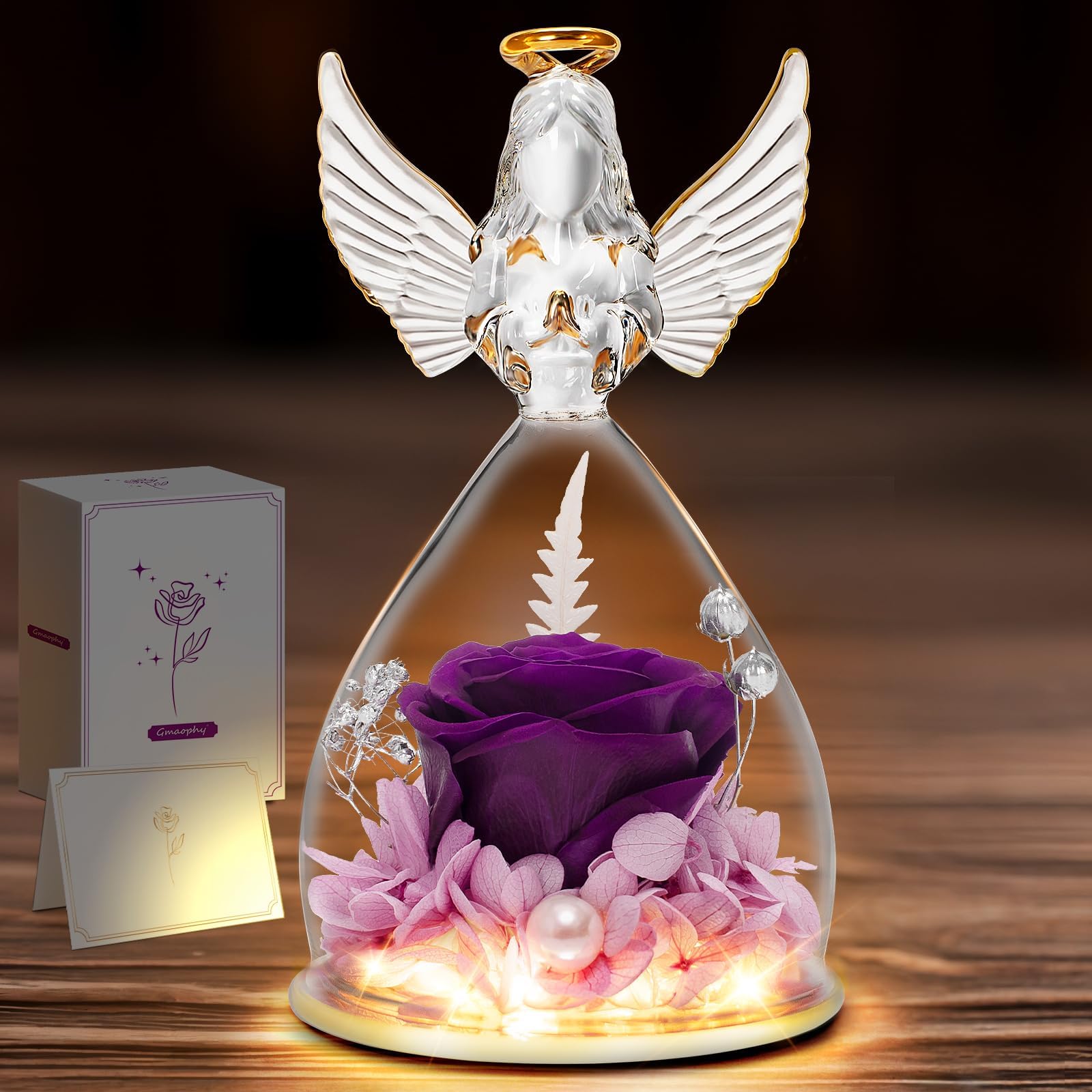 GMAOPHYPurple Preserved Rose with Lights Birthday Gifts for Women Mom Her Grandma Friend, Real Roses Flowers in Angel Figurines Glass, Anniversary, Christmas, Mother's Day, Valentine's Day