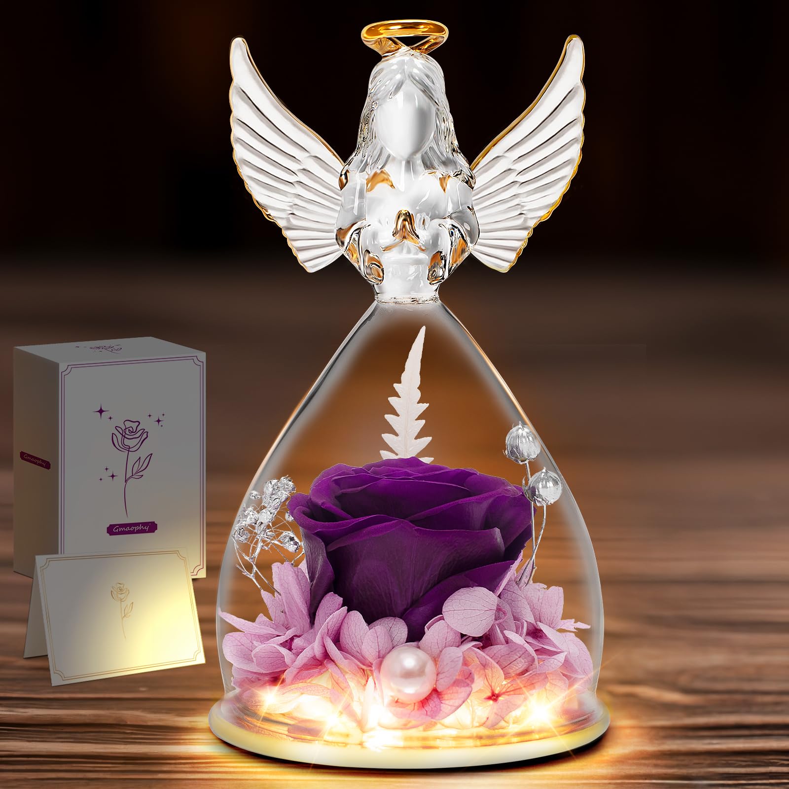 GMAOPHYPurple Preserved Rose with Lights Birthday Gifts for Women Mom Her Grandma Friend, Real Roses Flowers in Angel Figurines Glass, Anniversary, Christmas, Mother's Day, Valentine's Day