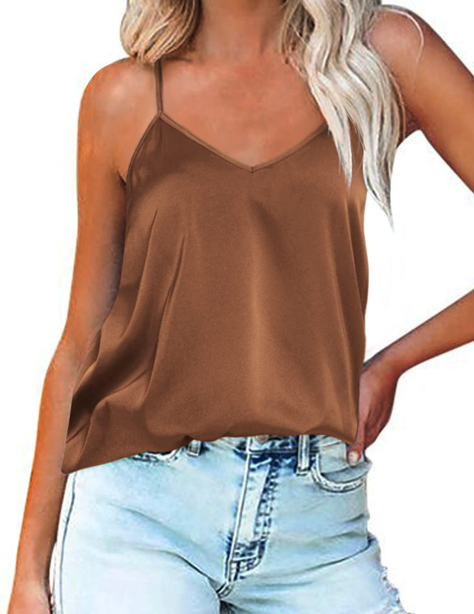 Ekouaer Women's Satin Vests Tank Top Silk Cami Camisole Spaghetti Straps V-Neck Basic Tanks Adjustable Strap S-XXL