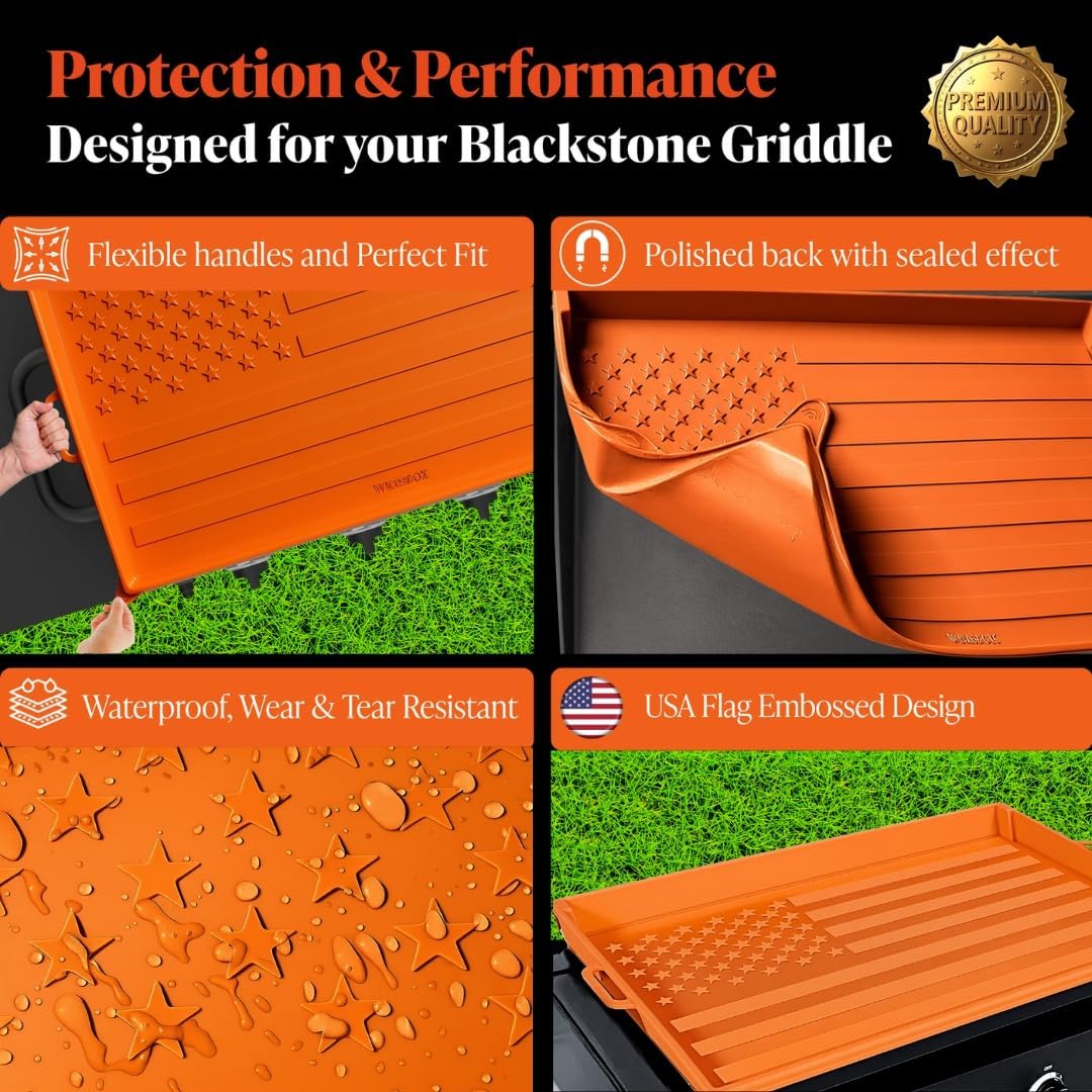 28 inch Silicone Griddle Mat Cover for Blackstone Grill, Embossed American Flag Design, Heavy Duty Weather-Resistant Rust & Dirt Protector, Fits Standard Flat Top Model (Not Omnivore or XL), Orange