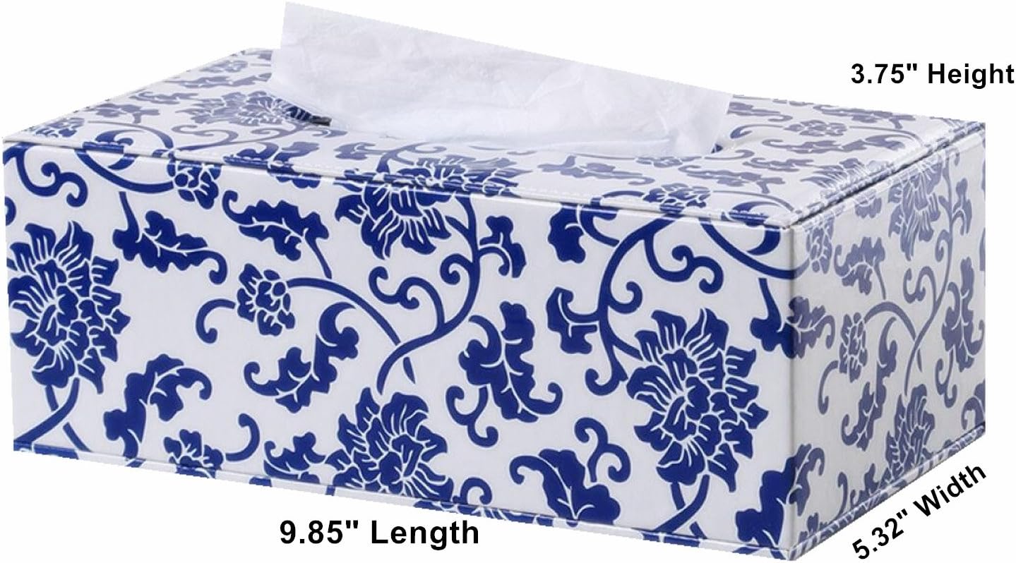 S Forever Blue and White Porcelain Pattern Pumping Tray PU Leather Rectangular Tissue Box Cover (Large)