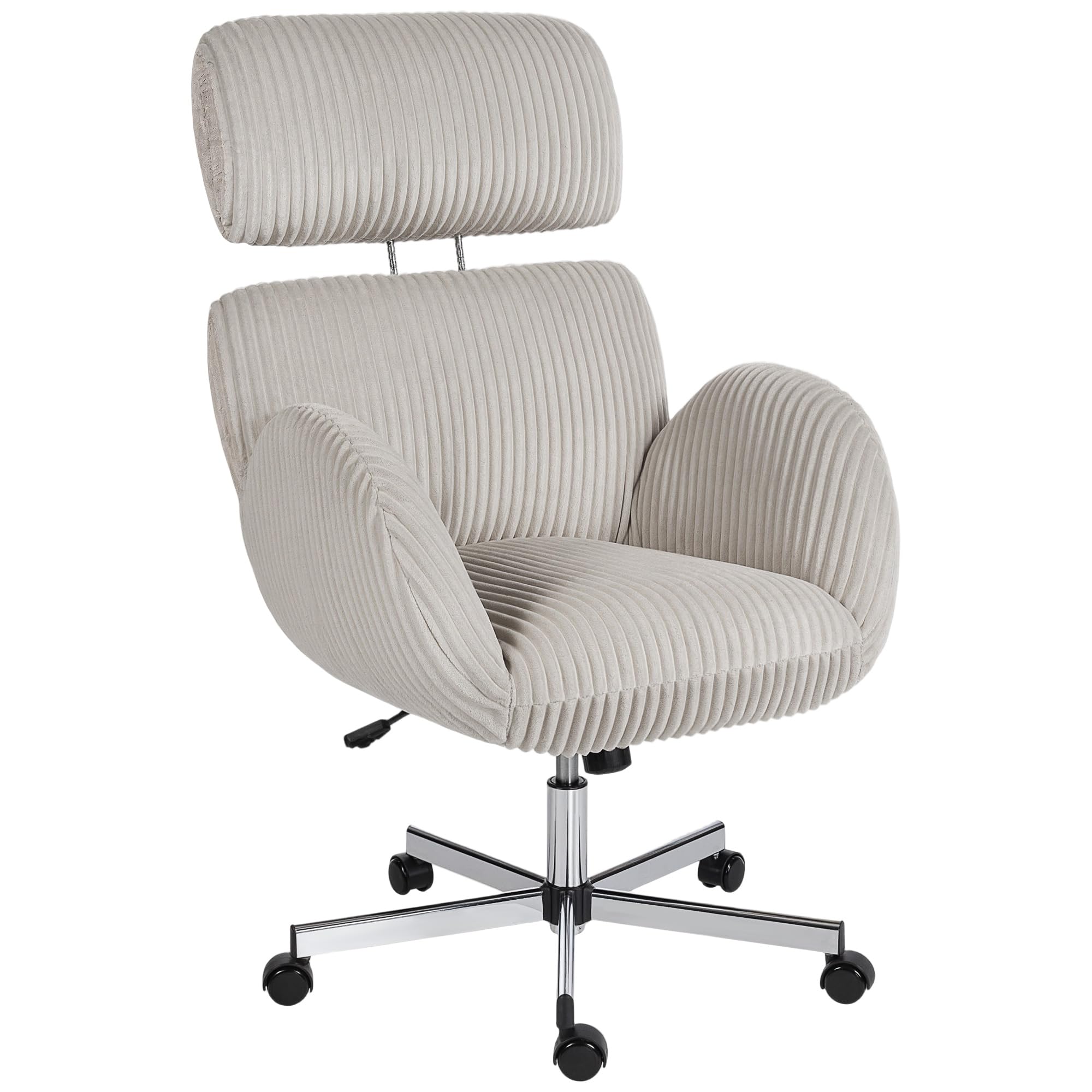 HOMCOM Silla de Oficina Piernas Cruzadas, Silla de Escritorio con Reposabrazos, Respaldo Alto, Reposacabezas Regulable, Ruedas, Altura Ajustable, Giratoria, Función Basculante, Tapizada en Pana, Gris
