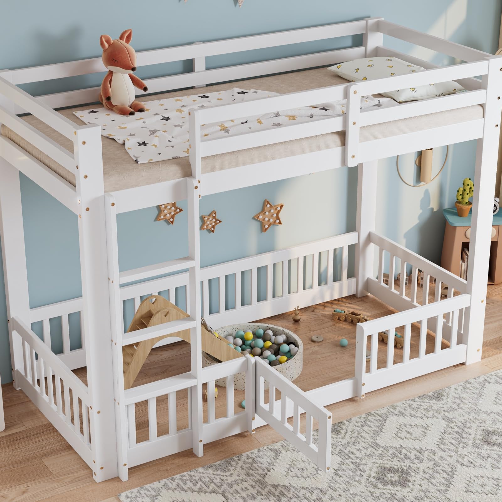 Soweiz Kinderbed huisbed 90x200cm, houten bed met tafel en 2 laden, massief hout met hek en lattenbodem, wit (zonder matras