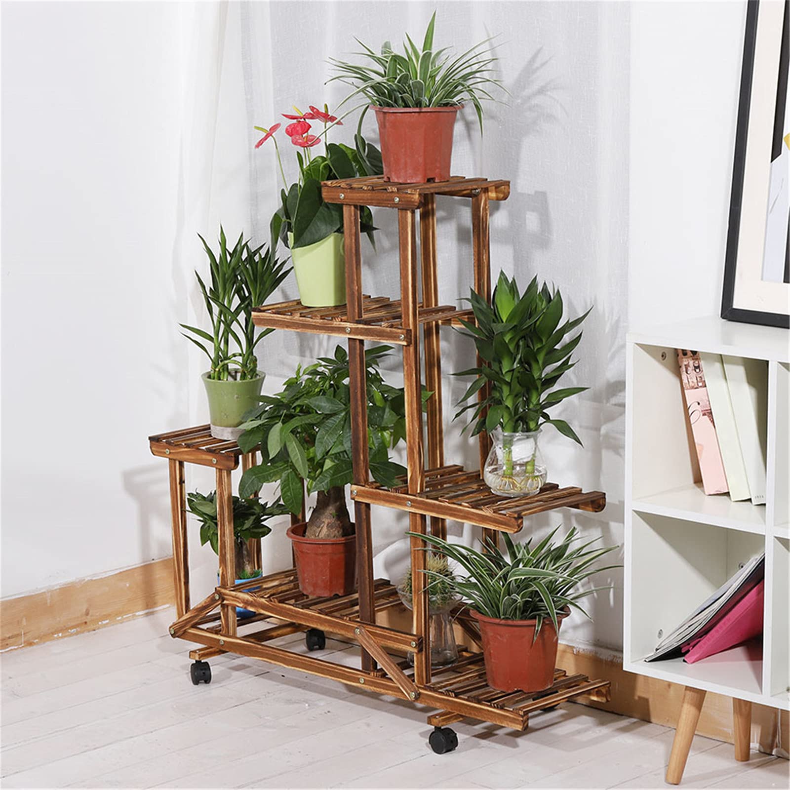 unho Estanteria para Macetas Ruedas Exterior Interior, Soporte para Plantas de Madera con 6 Niveles Estante Decorativo para Macetas para Oficina Jardín Patio Balcón Salón 95 × 25 × 102cm