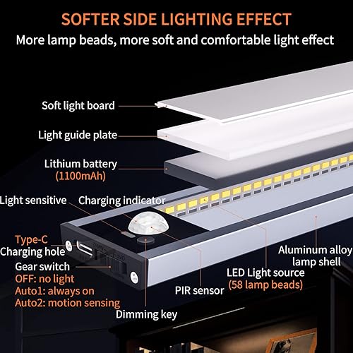 Miniatura 3 de LED Under Counter Lights for Kitchen Motion Sensor, Under Cabinet Lights Fixtures Magnetic Strip Wireless Lighting 3 Color Dimmable Rechargeable