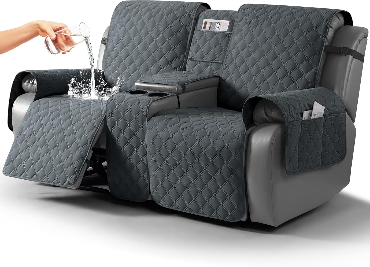 TAOCOCO 100% Waterproof Loveseat Recliner Cover with Center Console, Reversible Reclining Couch Cover for 2 Seats with Leg Straps, Washable Split Sofa Cover Protector for Pets Kids (Dark Gray)