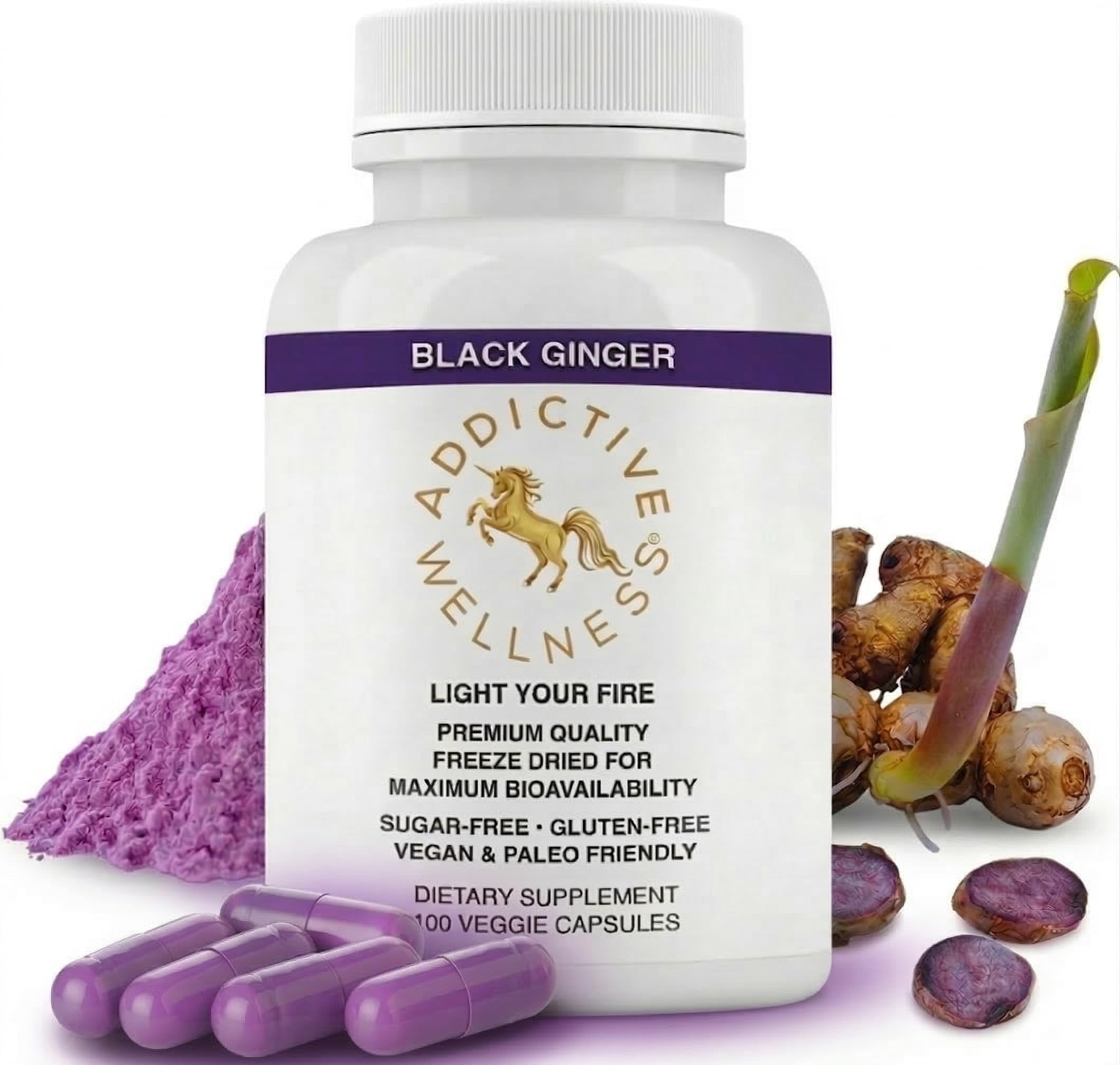 Addictive Wellness Black Ginger Capsules (Kaempferia Parviflora) Freeze-Dried Full Spectrum Supplement for Energy & Stamina Support 100 Veggie Capsules