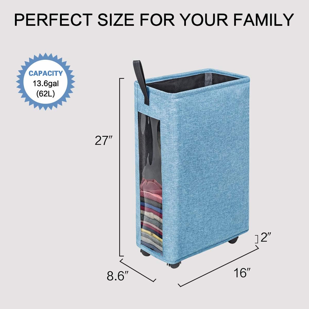 Henkelion Rolling Laundry Hamper, Collapsible Laundry Basket with Wheels And Handles, Tall Large Slim Narrow Foldable Storage Corner Bin with Visible Clear Window for Dirty Clothes - 27 Inches - Blue