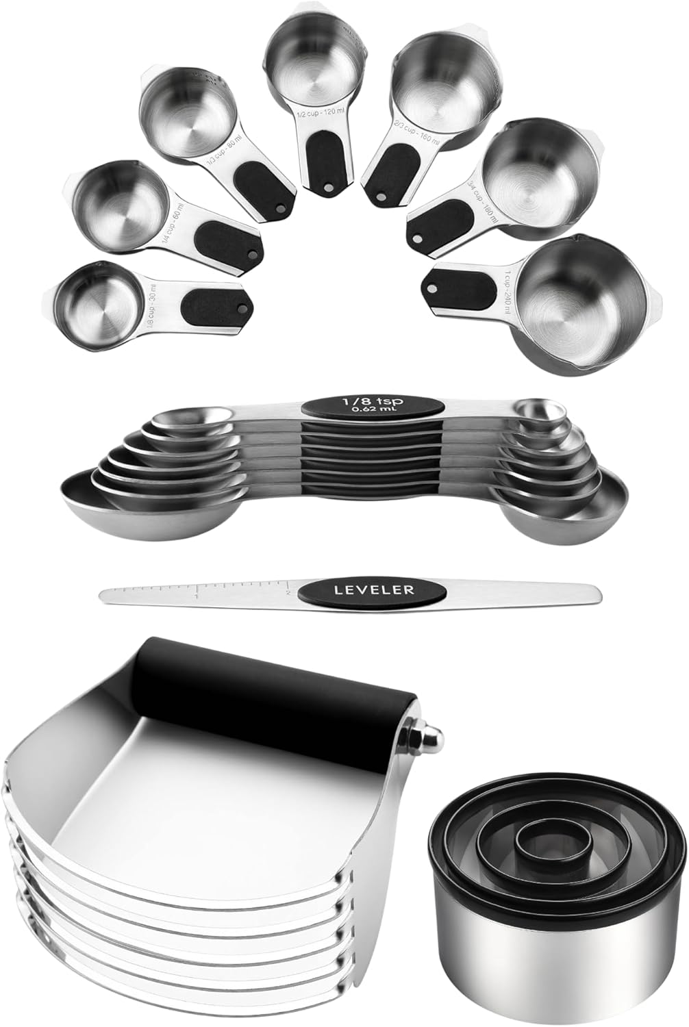 Spring Chef Stainless Steel Magnetic Measuring Cups & Spoons, Set of 15 & Large Dough Blender & Biscuit Cutter Set - 2 Product Bundle - Black