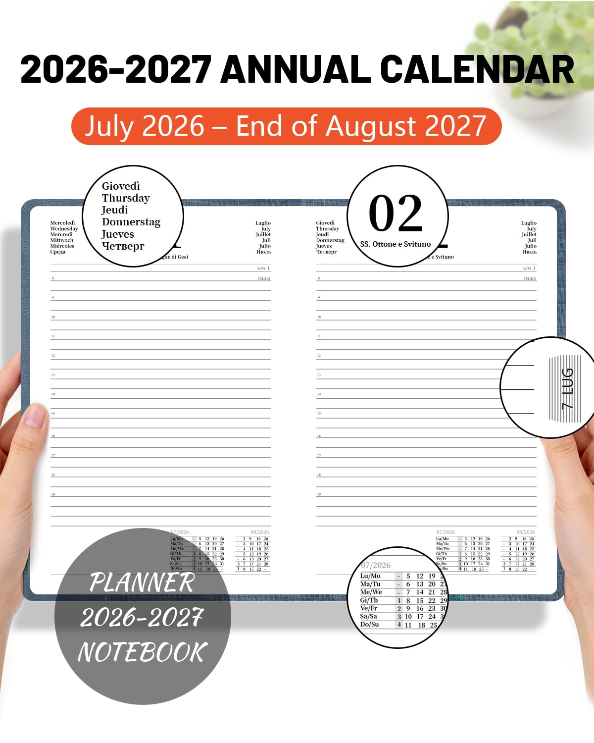 Agenda 2026-2027– Planificador A5 espiral – Julio 2026 a Agosto 2027 – Español + Inglés – PU resistente a manchas y agua