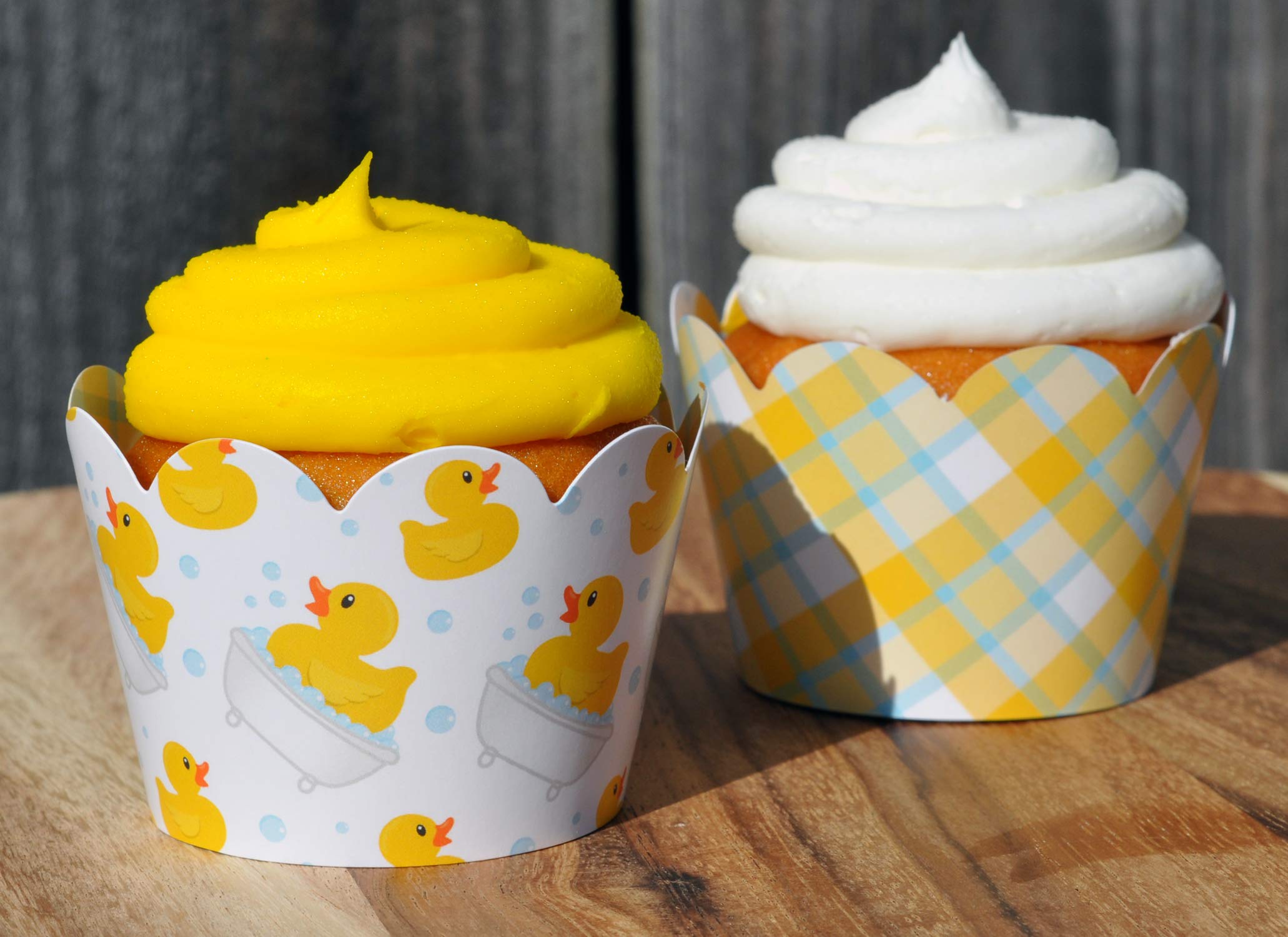 Rubber Duck Cupcake Wrappers for Gender Reveals, Baby Showers party supplies, Boy or Girl Birthday parties, gender neutral. Set of 24 Reversible Ducky pattern to plaid Scalloped Cup Cake Holder Wraps