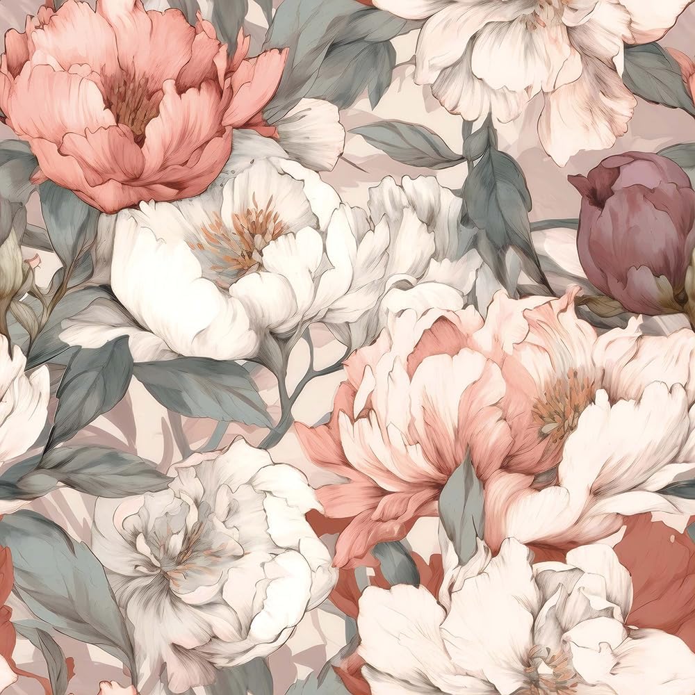 Dreamy Pink/White Peonies Floral Vintage Peel and Stick Wallpaper Easy Peel Off Contact Paper Stick on Adhesive Wall Paper for Bathroom Waterproof Renter Friendly