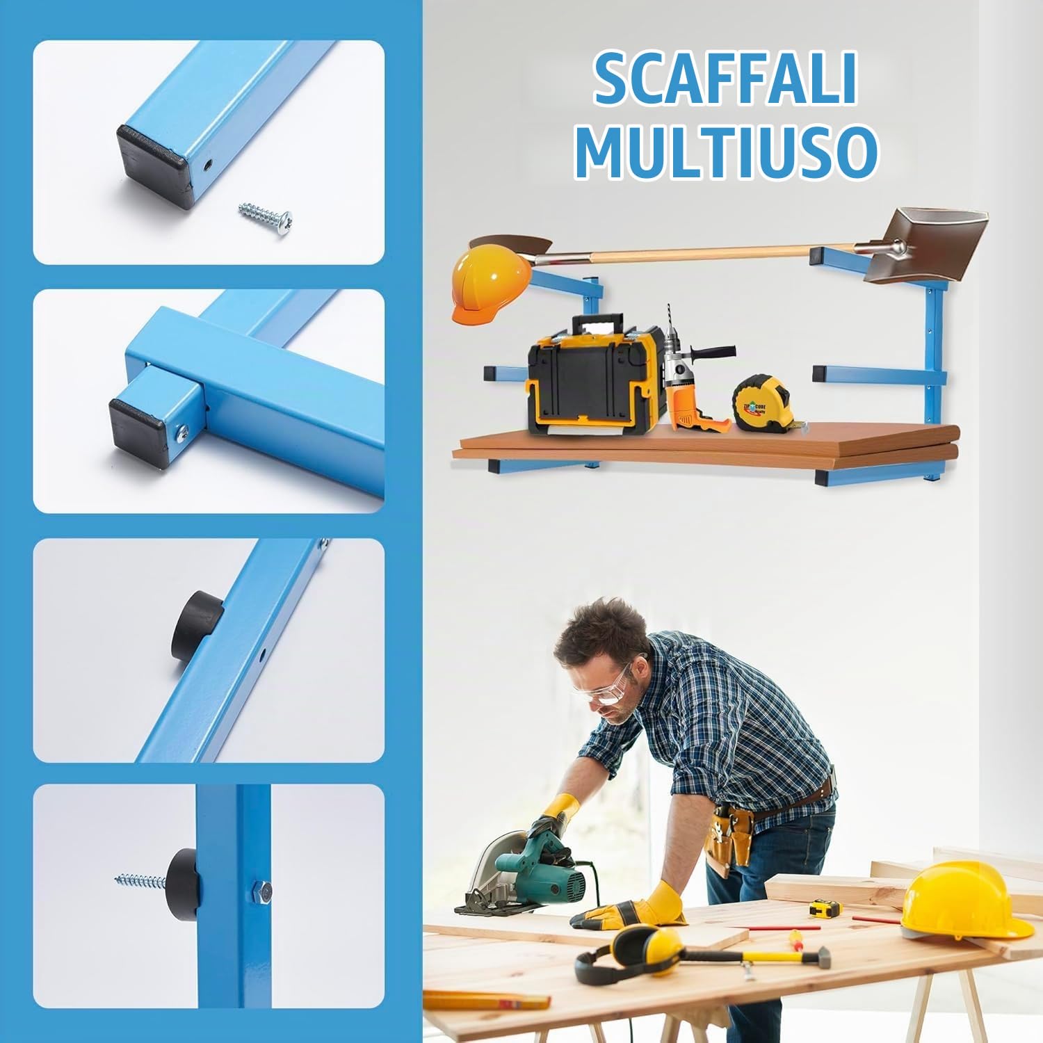 Sinoer Scaffalatura da garage in legno, con rivestimento blu spruzzato, in acciaio resistente, con montaggio a parete a 3 strati, per interni ed esterni, confezione da 4