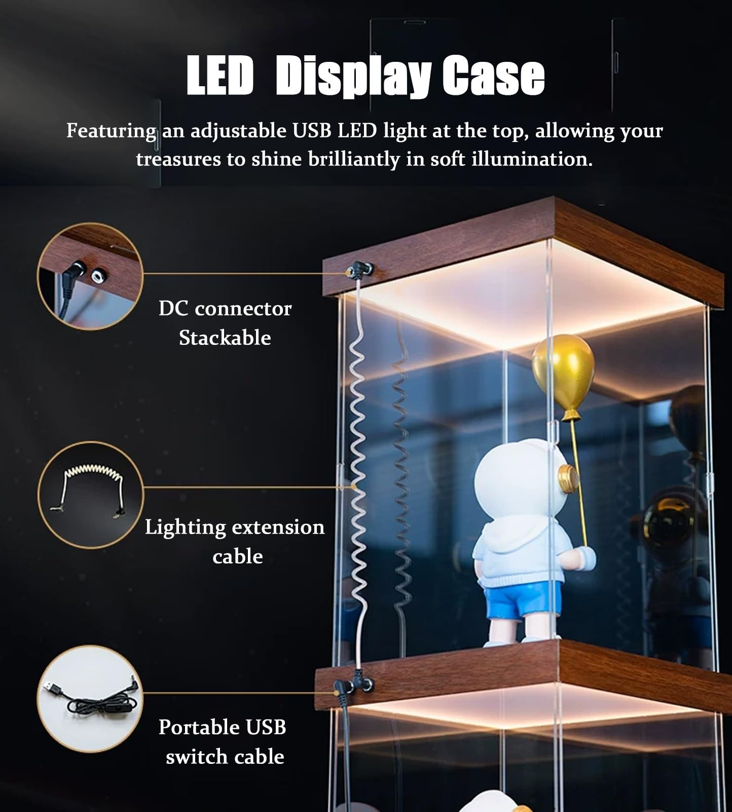 Vetrinetta Espositiva Vetrina in Acrilico per Action Figure da Collezione con Luce LED | Coperchio Antipolvere Rettangolare Trasparente di Alta Qualità, Scatola Portaoggetti In Acrilico con Base In Legno per Trofei