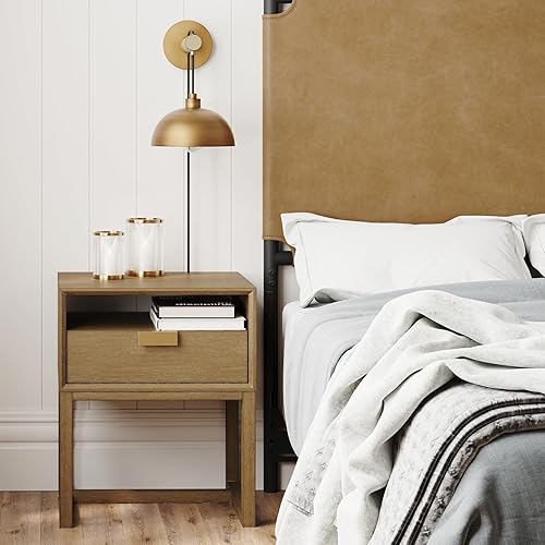 Miniatura 2 de Nathan James Daniel Modern Farmhouse - Lámpara de lectura para mesita de noche, aplique de pared con pantalla de cuenco ancho, latón vintagemarrón