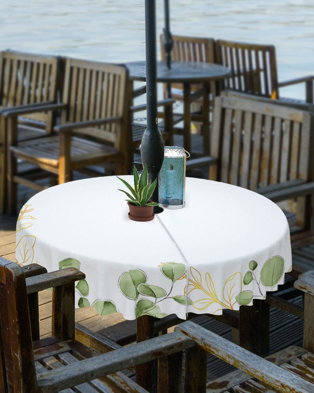 Spring Summer Green Gold Leaf Outdoor Round Tablecloth with Umbrella Hole 54 Inch,Wrinkle Free Wipeable Fabric Table Cloth Waterproof Zippered Cover for Patio Party,Botanical Eucalyptus Leaves Plant