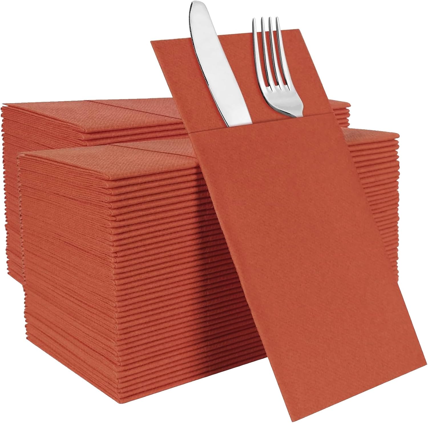 Terracotta Disposable Napkins with Built-in Flatware Pocket, Linen Feel Prefolded Dinner Napkins for Weddings, Parties, Thanksgiving, Evening Events, 100 Pack