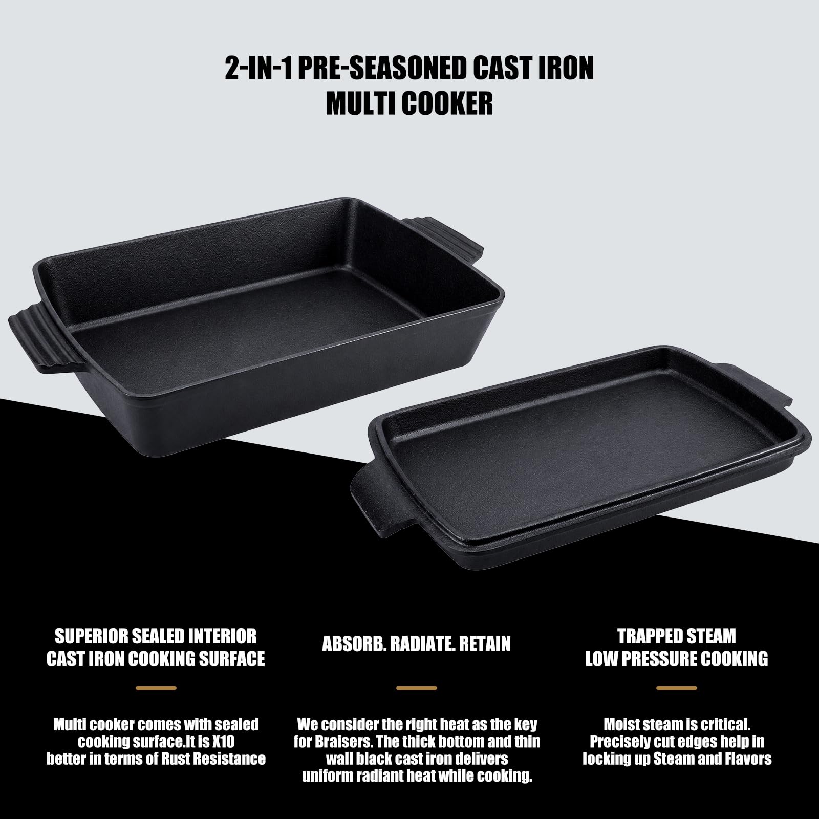 2-in-1 Gusseisen Bräter mit Pfannendeckel, 6L Rechteckige Backform und Grillpfanne Set, Eingebrannt Robust und Langlebig Auflaufform für Sauerteig Brot, Braten, Induktionsgeeignet & Camping