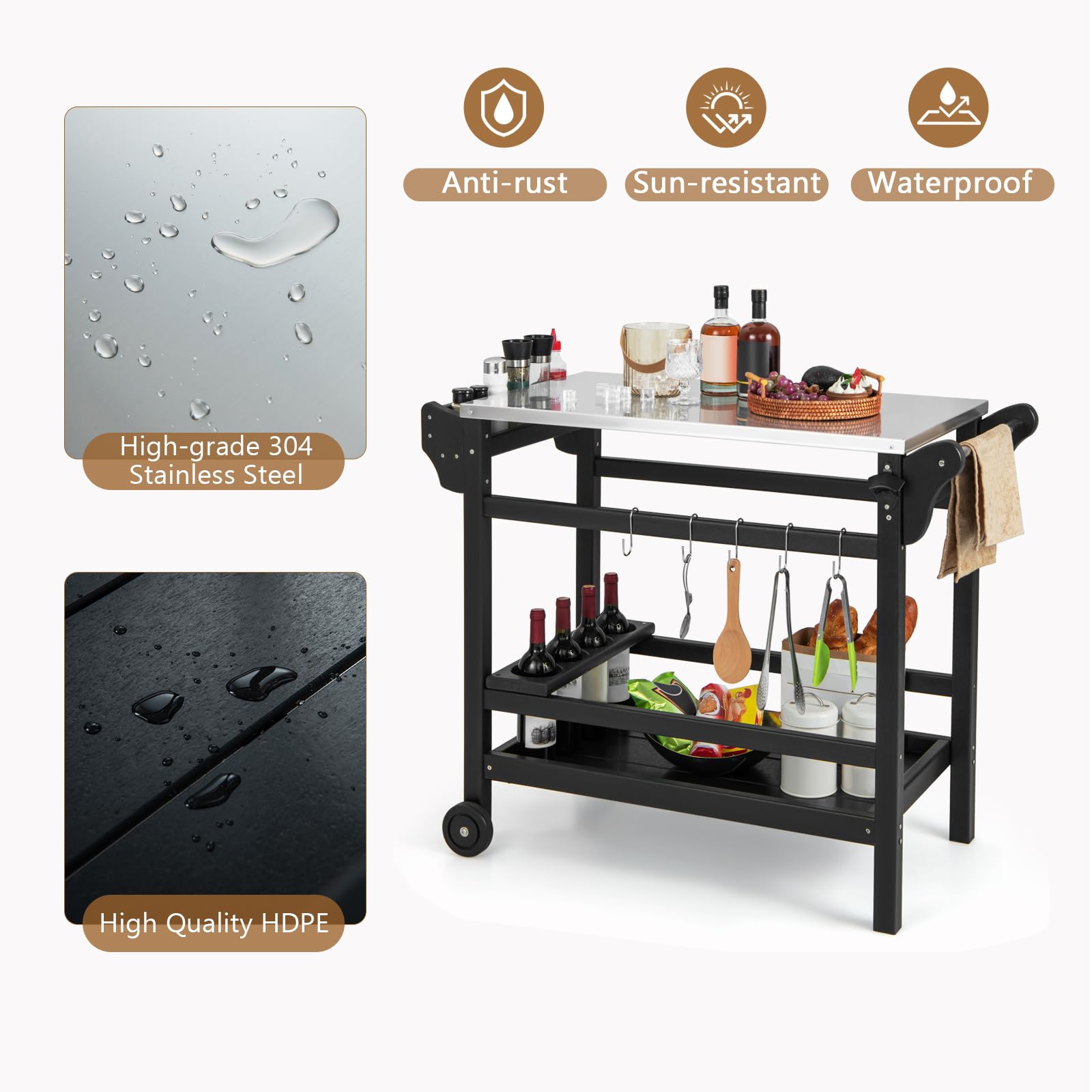 KOMFOTTEU Carrello per barbecue con piano di lavoro in acciaio inox, carrello da giardino in HDPE, carrello da portata con vassoio per spezie, scaffale per bottiglie di vino e gancio