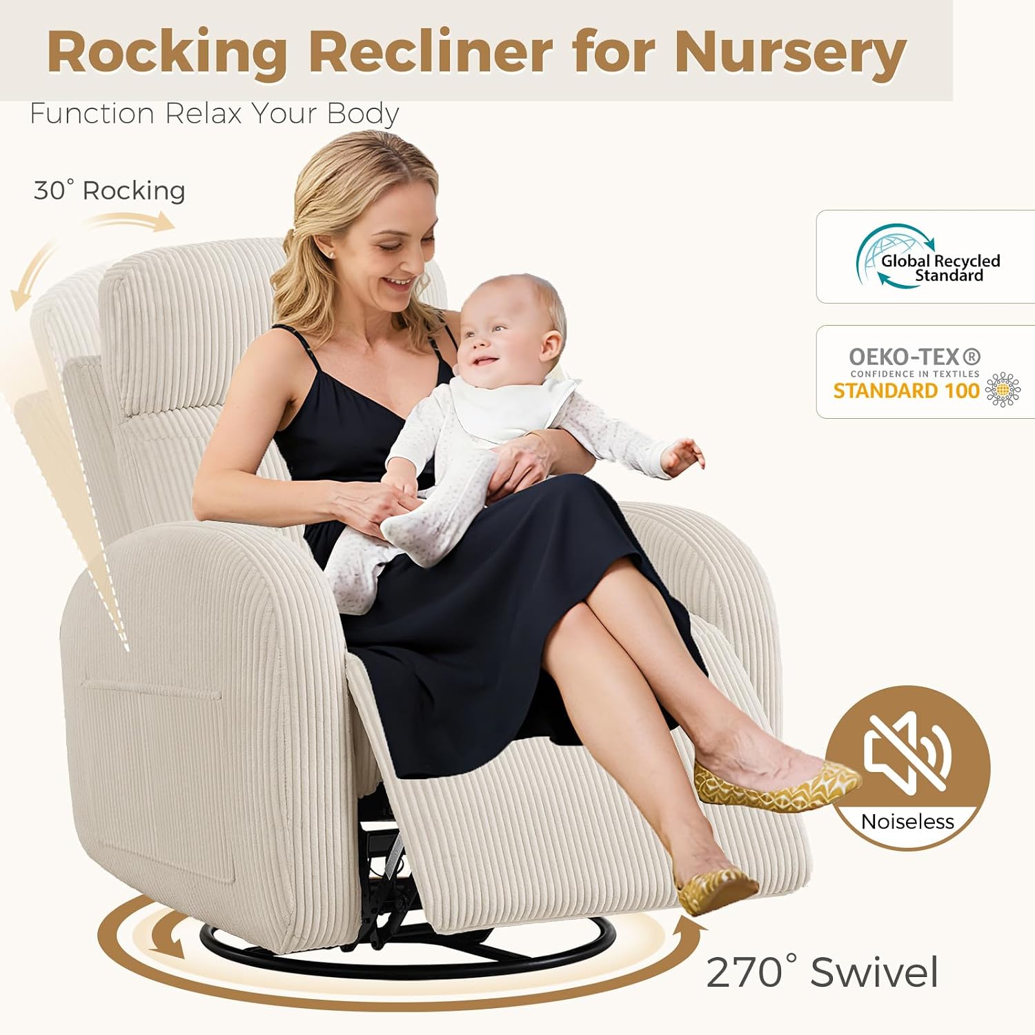 Dual Motors Power Recliner with Adjustable Headrest, Electric Swivel Rocker Recliner for Nursery, Glider Reclining Rocking Nursery Chairs for Small Space, Living Room, Bedroom, Corduroy Cream White