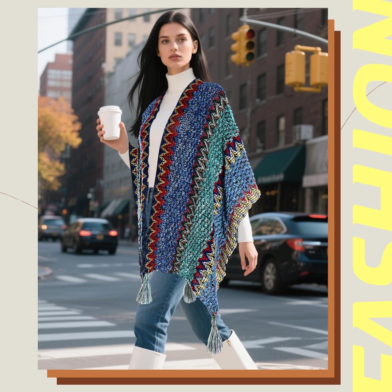 2 Pcs Women's Knit Vintage Ethnic Tassel Stripe Poncho Knitted Shawl Wrap Open Front Poncho Cardigan Kimono with Fringe for Fall Winter Casual Loose Fringe Blanket Scarf Coat Wedding Gift - Image 3