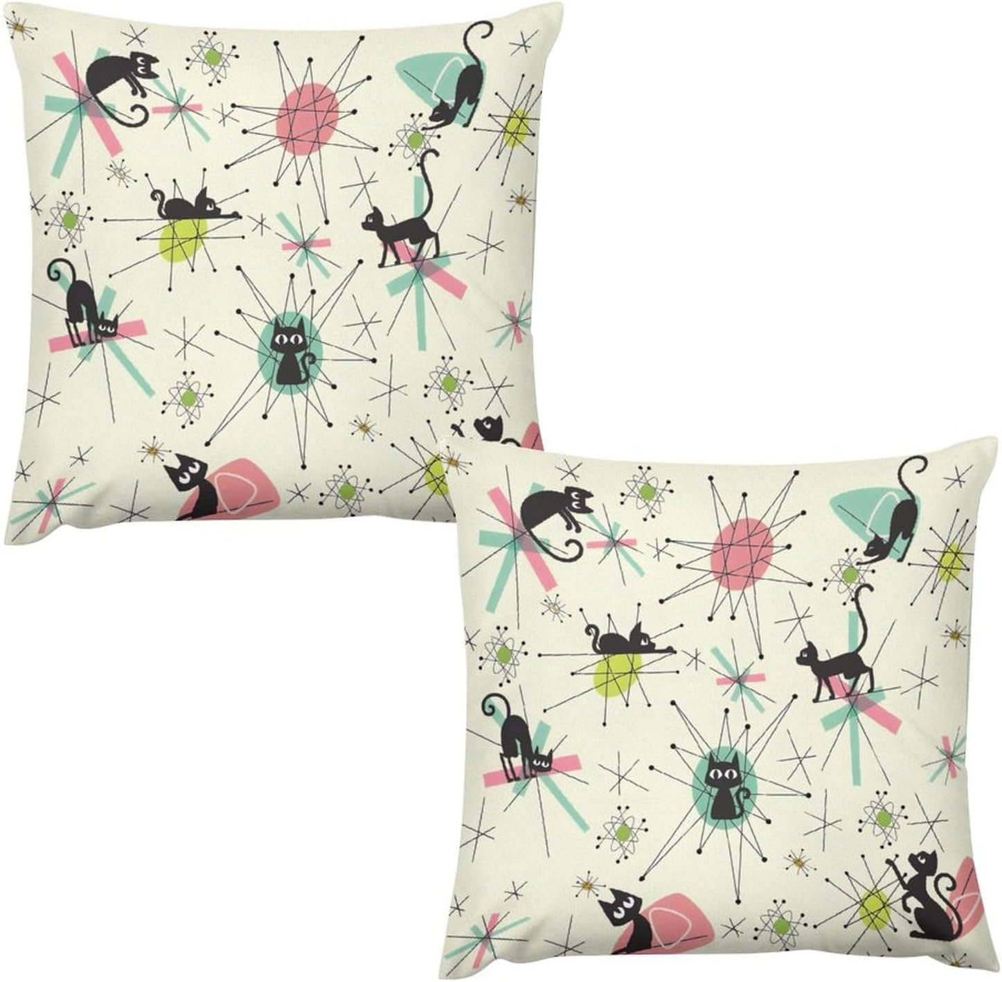 Mid Century Pillow Covers Set of 2,Black Cat Retro Diamond Atomic Starbursts 1950s Throw Pillow Covers 20x20 Inches Cotton Square Pillow Cover Set for Couch Bed Living Room Outdoor Decor 20 "x20 "