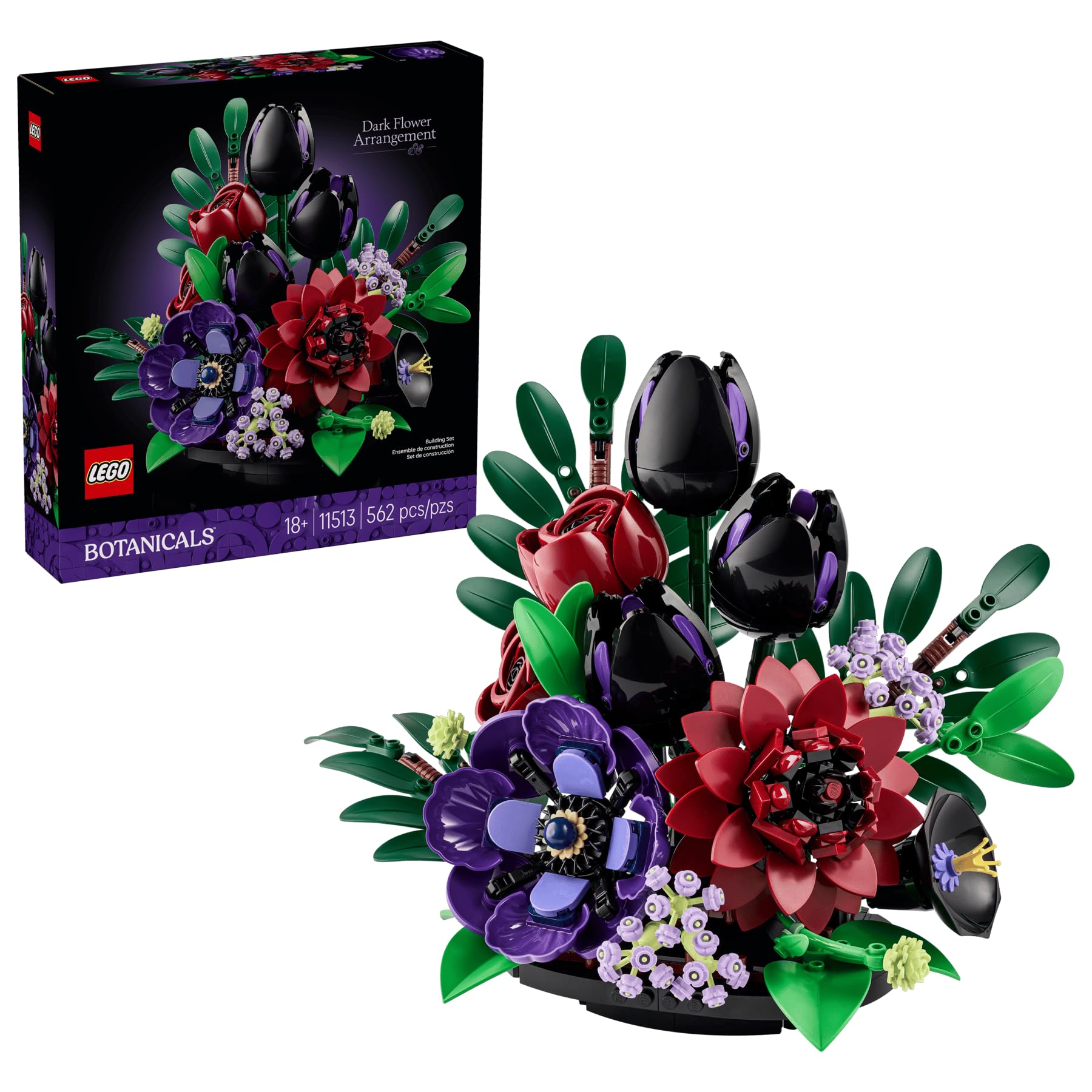 Botanicals Dark Flower Arrangement Set #11513 – 562 Pieces, Build Tulips, Roses, Dahlia & More in a Customizable Dark-Hued Display | Adults | Floral Home Decor Gift