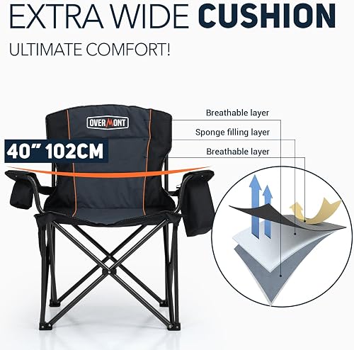 OVERMONT Oversized Camping Chair for Adults with Cooler Bag & Side Pocket,-Heavy Duty Folding Chair Support 227kg for Heavy People, Comfy for Garden Festivals Beach Outdoor Fishing– Foldable & Durable - 5