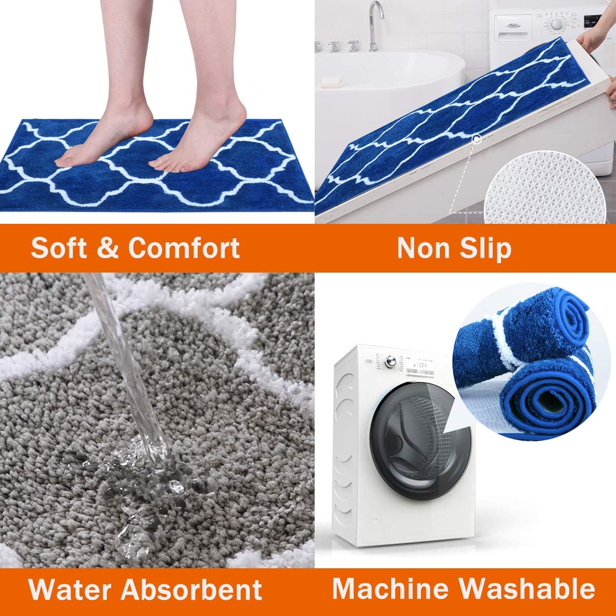 U'Artlines 2 Piece Bathroom Rug Non Slip Bath Mat Shaggy Soft Microfiber Machine Washable Area Rug Water Absorbent Shower Mats for Floor Kitchen Doormat (18''x26''+21''x34'', Blue)