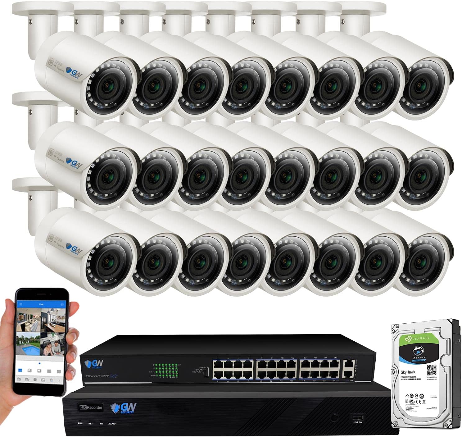 GW Security 32 Channel 4K NVR 5MP AI Human Detection Security Camera System with 24 Super HD 1920P Microphone PoE Outdoor/Indoor Weatherproof IP Security Bullet Cameras