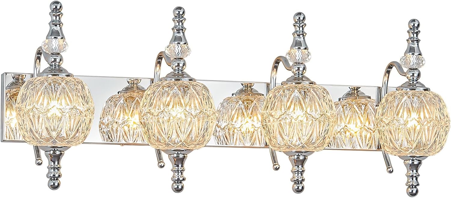Modern Crystal Bathroom Vanity Lights Fixtures Over Mirror Chrome Vintage 4-Lights 28 Inch Bathroom Light Fixtures Glass Crystal Vanity Lights