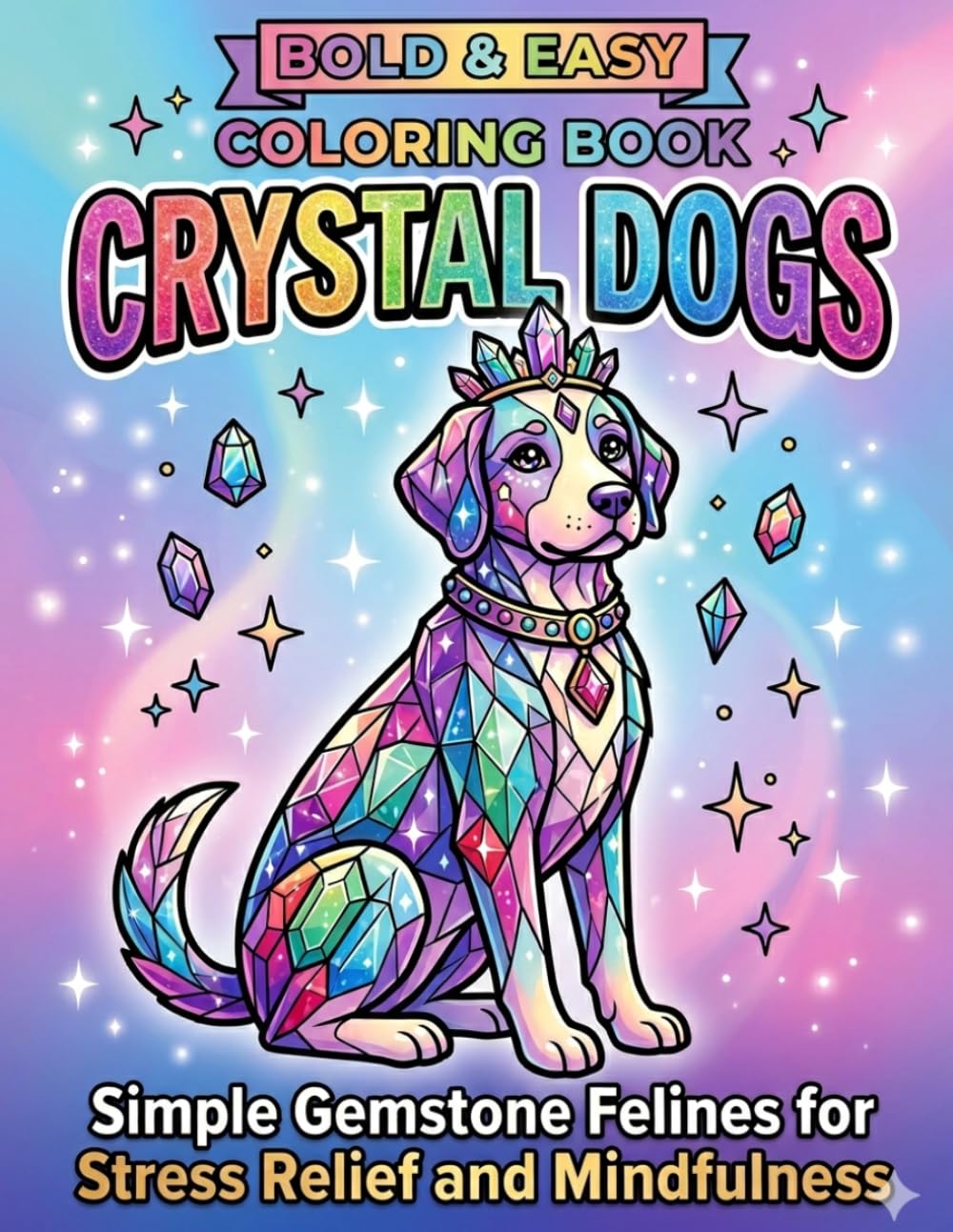 BOLD & EASY COLORING BOOK CRYSTAL DOGS: Simple Gemstone Felines for Stress Refief and Mindfulness