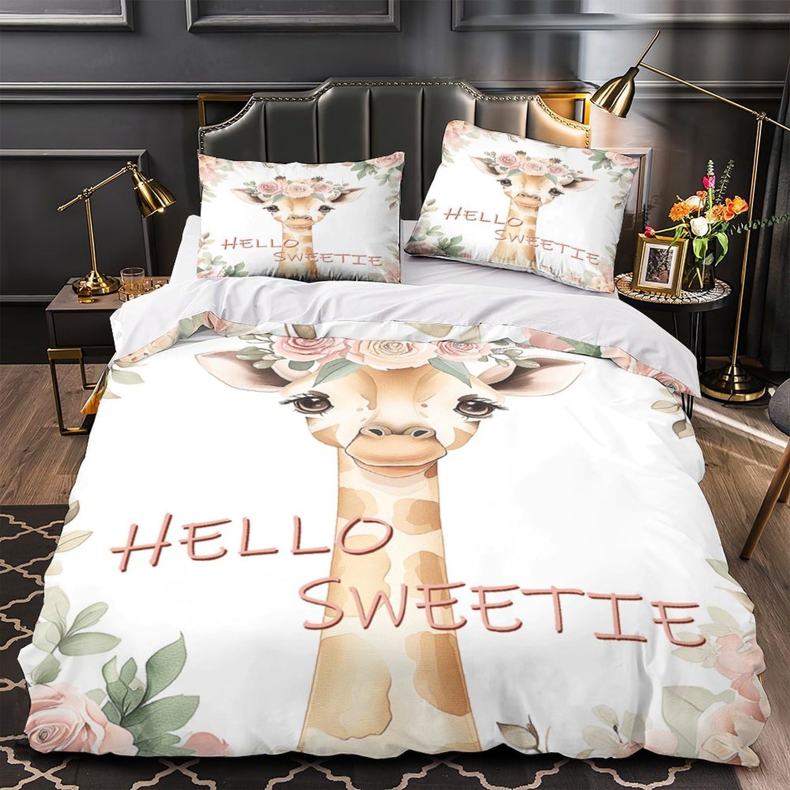 Parure de lit 140x200 microfibre housse de couette girafe motif floral