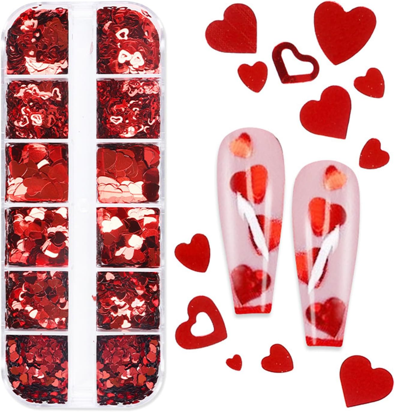 12Grids Red Heart Nail Glitter Sequins 3D Heart Nail Art Stickers Decals Valentines Glitter for Nails Design Love Nail Flakes Valentines Day Nail Art Glitters Sparkle Acrylic Nail Decorations