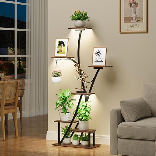Miniatura 5 de POZILAN Soporte para plantas de interior con luz de crecimiento, estante para plantas de 7 niveles para interiores, soportes de esquina de 59